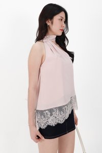 Arabelle Asymmetrical Lace Trim Top in Light Pink