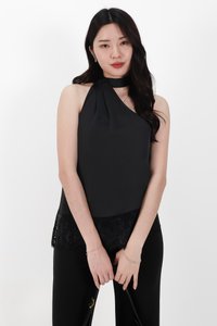 Arabelle Asymmetrical Lace Trim Top in Black