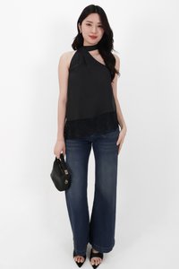 Arabelle Asymmetrical Lace Trim Top in Black
