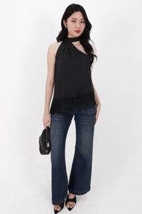 Arabelle Asymmetrical Lace Trim Top in Black