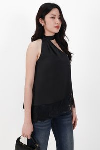Arabelle Asymmetrical Lace Trim Top in Black