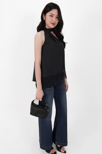 Arabelle Asymmetrical Lace Trim Top in Black