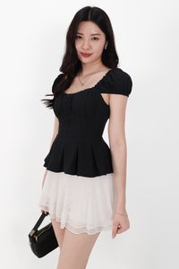 Pyonie Puffy Sleeve Peplum Top in Black
