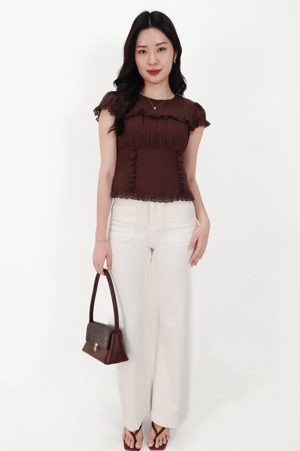 Sandra Sleeved Lace Trim Blouse in Dark Brown