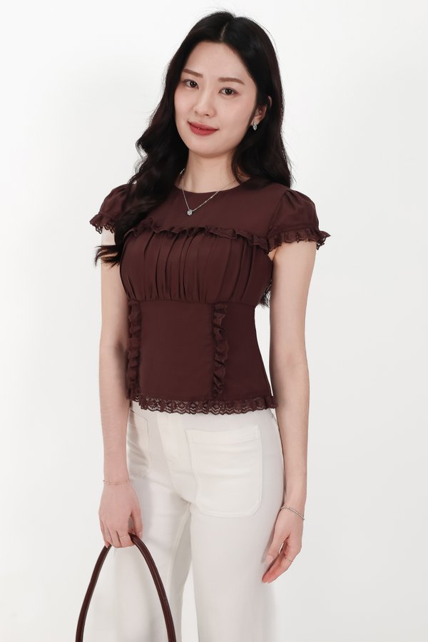 Sandra Sleeved Lace Trim Blouse in Dark Brown