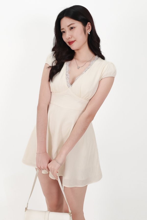 Lairie Lace Trim Romper Dress in Light Yellow x White Lace