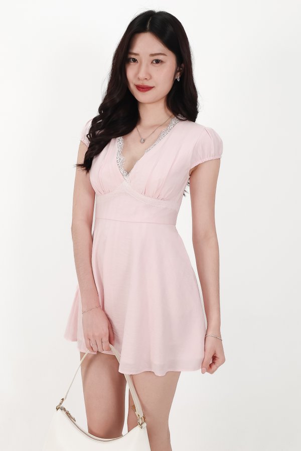 Lairie Lace Trim Romper Dress in Light Pink x White Lace