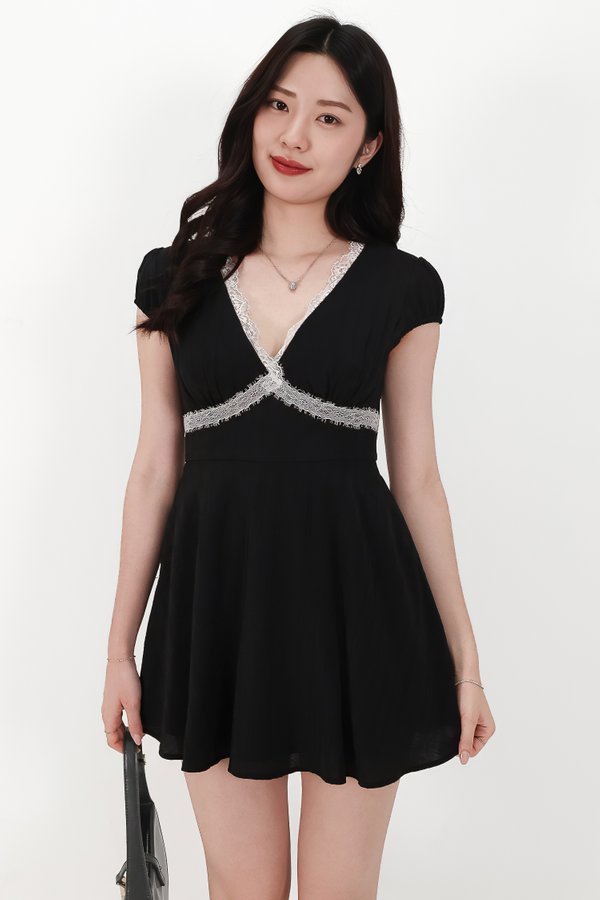Lairie Lace Trim Romper Dress in Black x White Lace