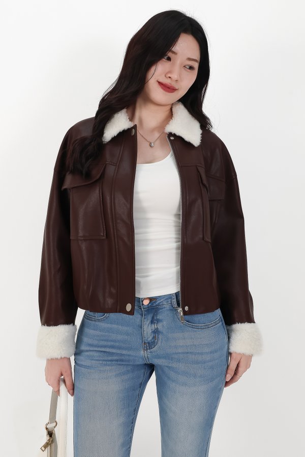 BACKORDER | Seira Shearling PU Leather Jacket in Dark Brown