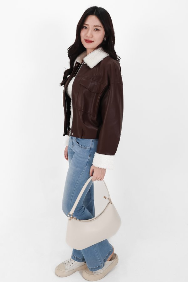 BACKORDER | Seira Shearling PU Leather Jacket in Dark Brown