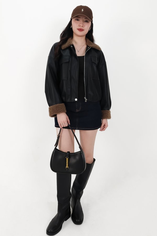 BACKORDER | Seira Shearling PU Leather Jacket in Black