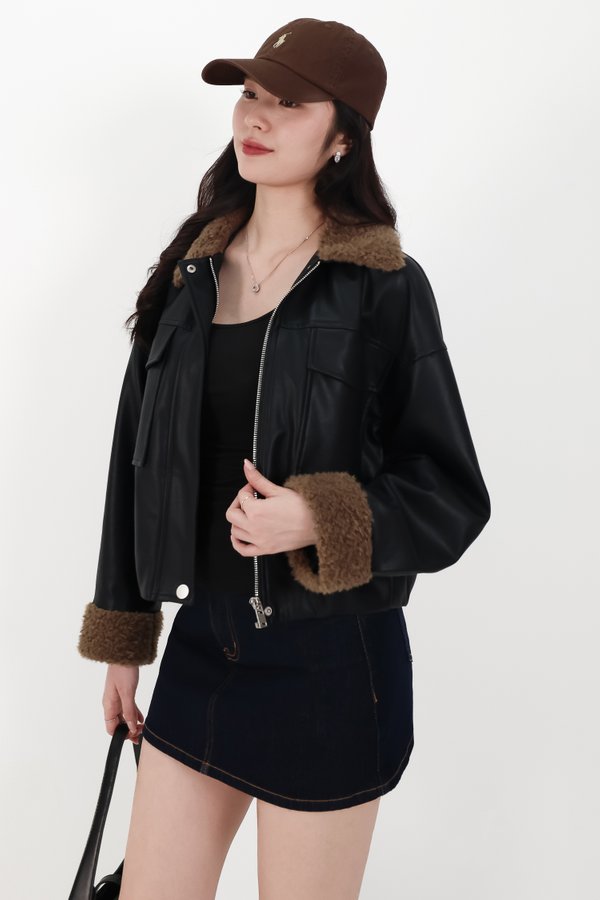 BACKORDER | Seira Shearling PU Leather Jacket in Black