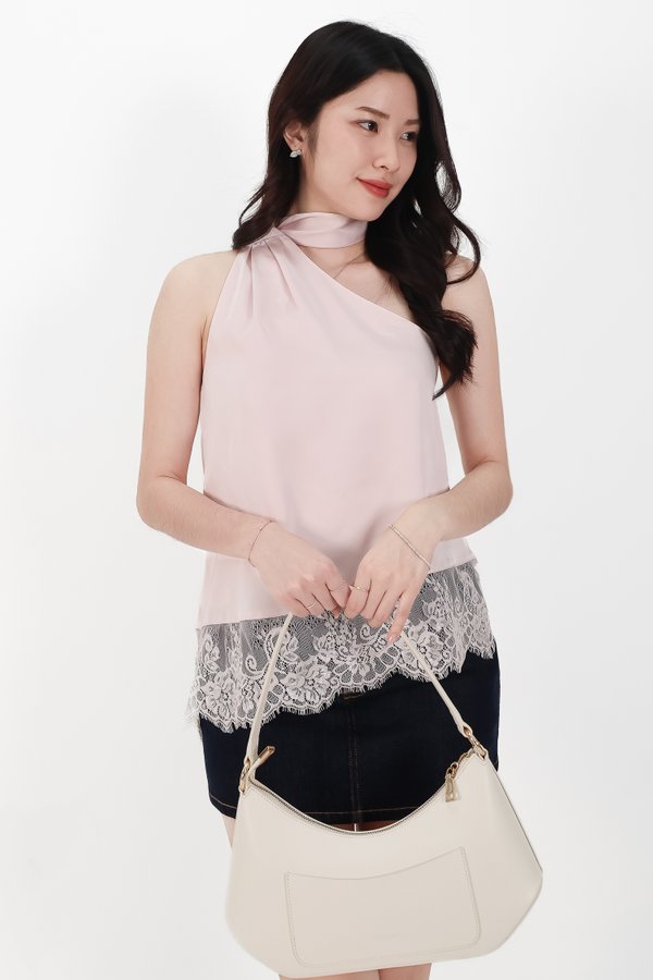 Arabelle Asymmetrical Lace Trim Top in Light Pink
