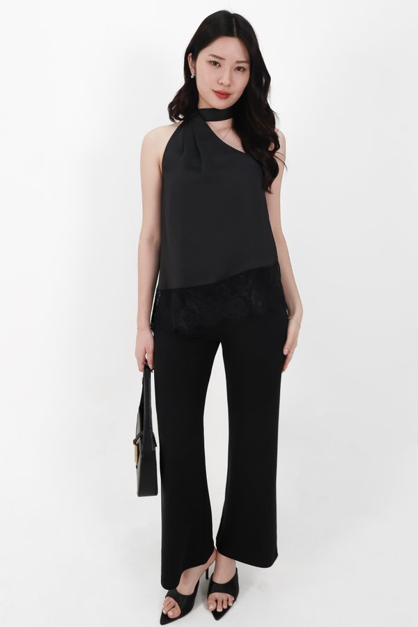 Arabelle Asymmetrical Lace Trim Top in Black