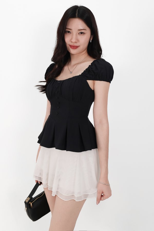 Pyonie Puffy Sleeve Peplum Top in Black