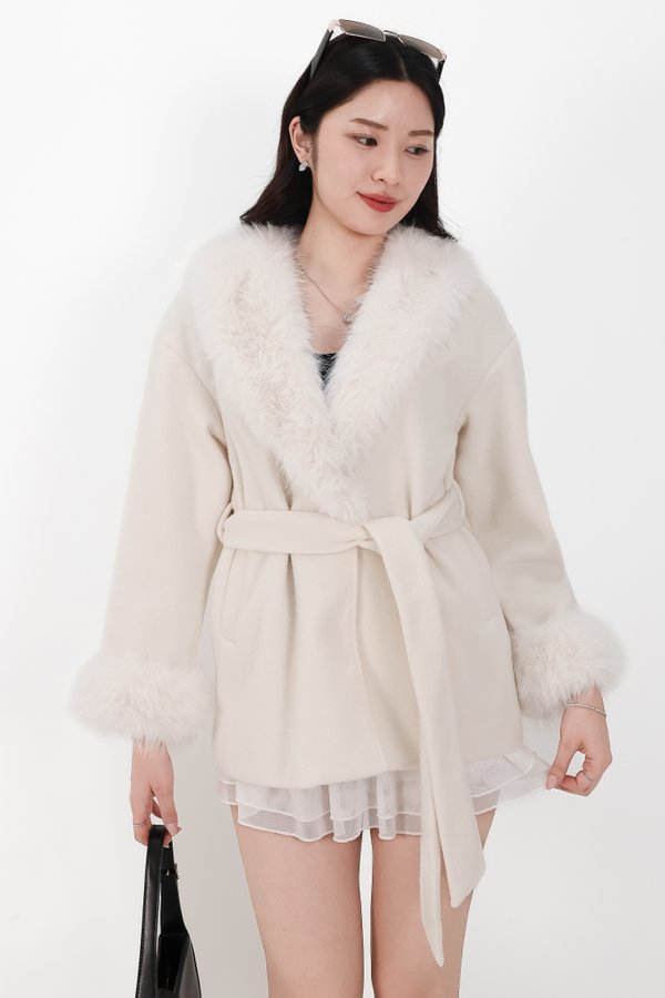 Fenella Faux Fur Coat in Cream White