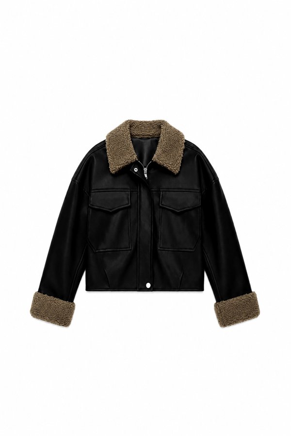 BACKORDER | Seira Shearling PU Leather Jacket in Black