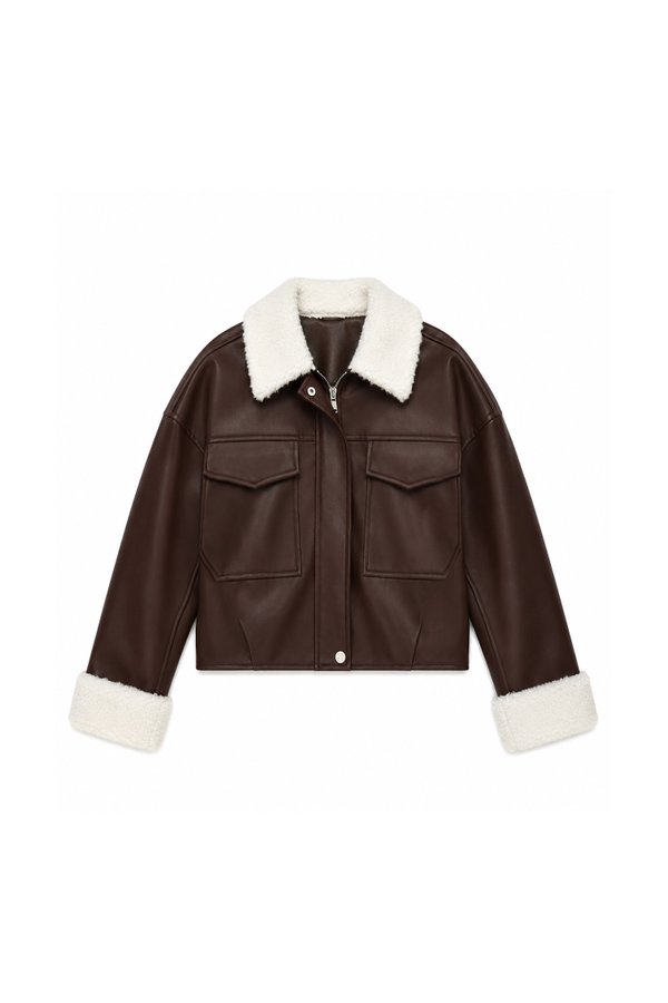 BACKORDER | Seira Shearling PU Leather Jacket in Dark Brown