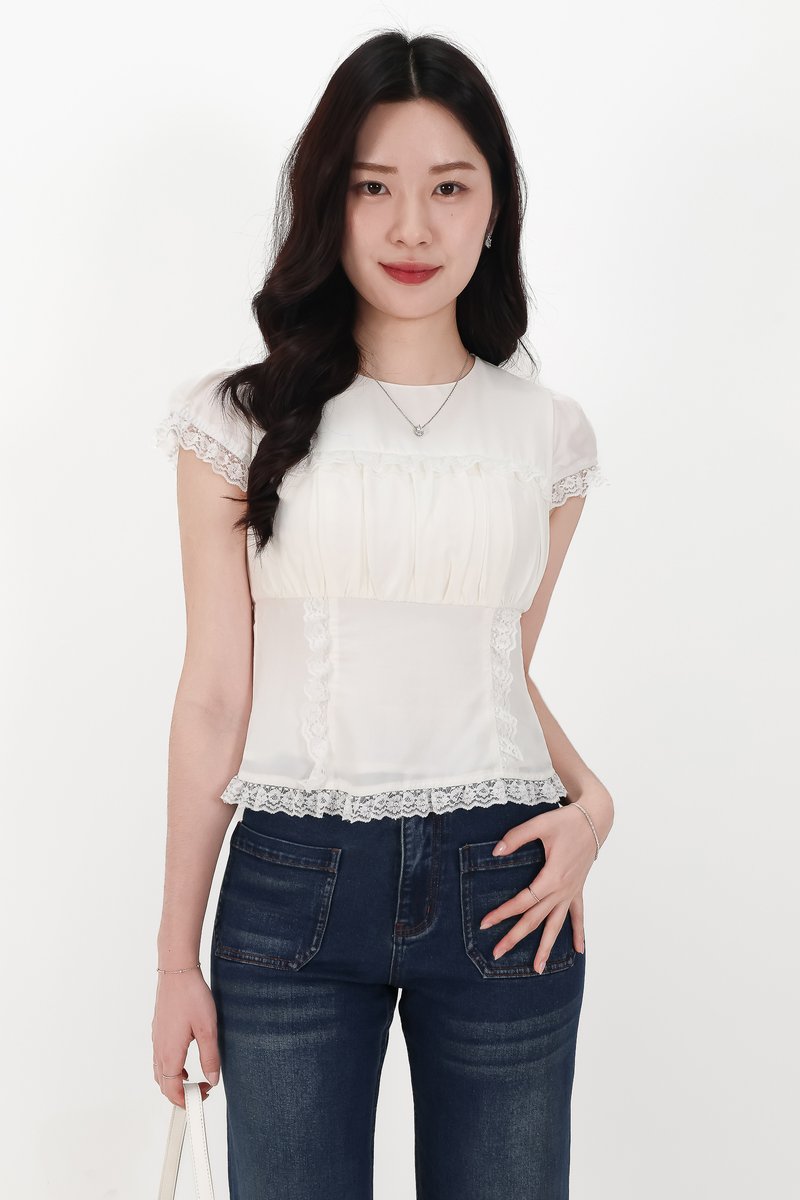 BACKORDER | Sandra Sleeved Lace Trim Blouse in White