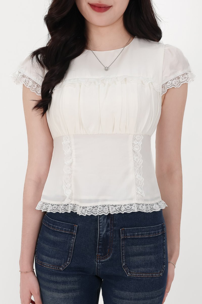 BACKORDER | Sandra Sleeved Lace Trim Blouse in White