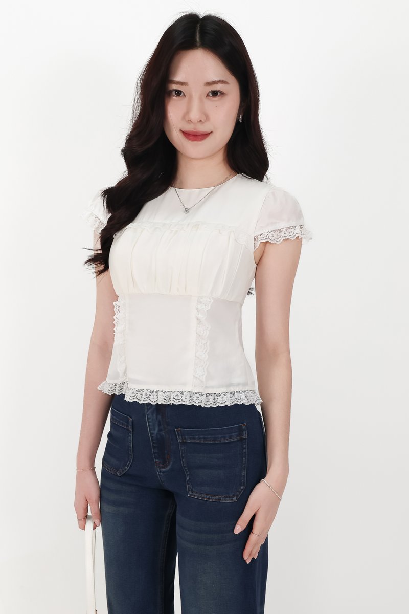 BACKORDER | Sandra Sleeved Lace Trim Blouse in White