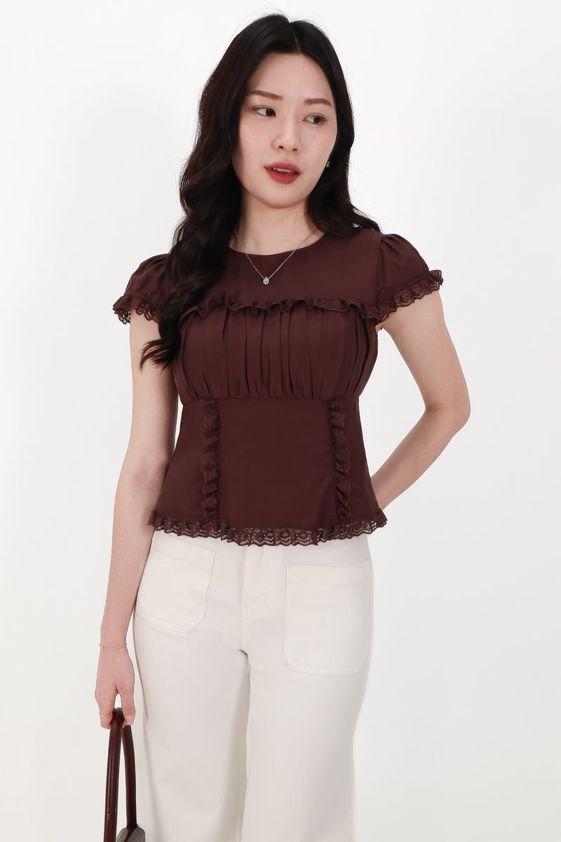 Sandra Sleeved Lace Trim Blouse in Dark Brown
