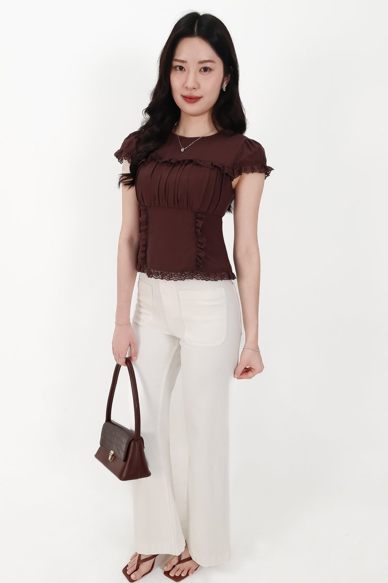 Sandra Sleeved Lace Trim Blouse in Dark Brown