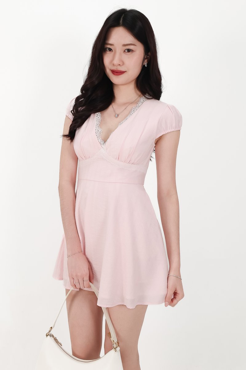 Lairie Lace Trim Romper Dress in Light Pink x White Lace