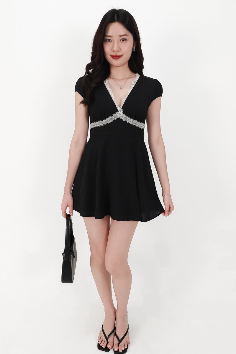 Lairie Lace Trim Romper Dress in Black x White Lace