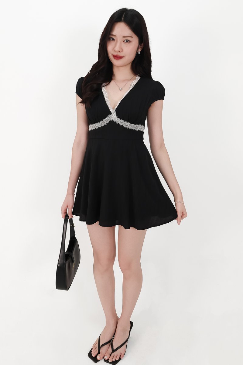 Lairie Lace Trim Romper Dress in Black x White Lace