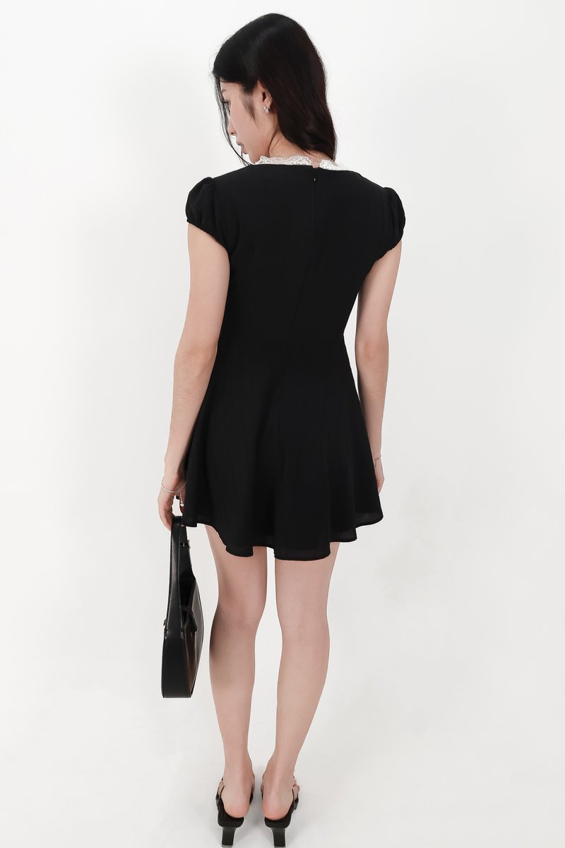 Lairie Lace Trim Romper Dress in Black x White Lace