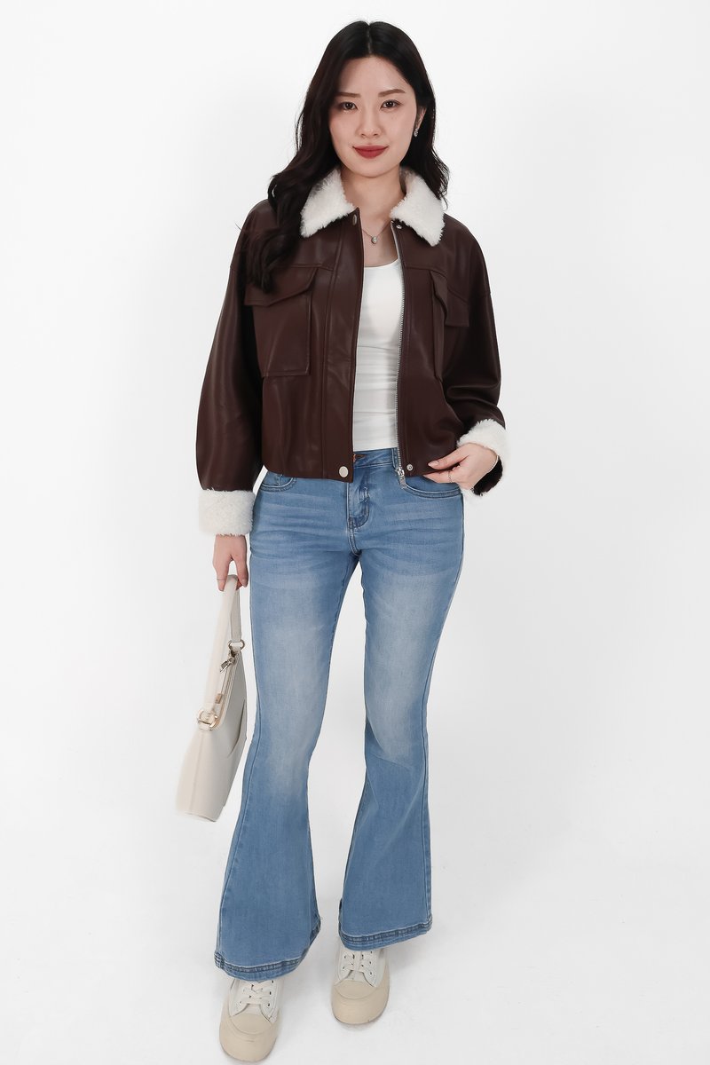BACKORDER | Seira Shearling PU Leather Jacket in Dark Brown