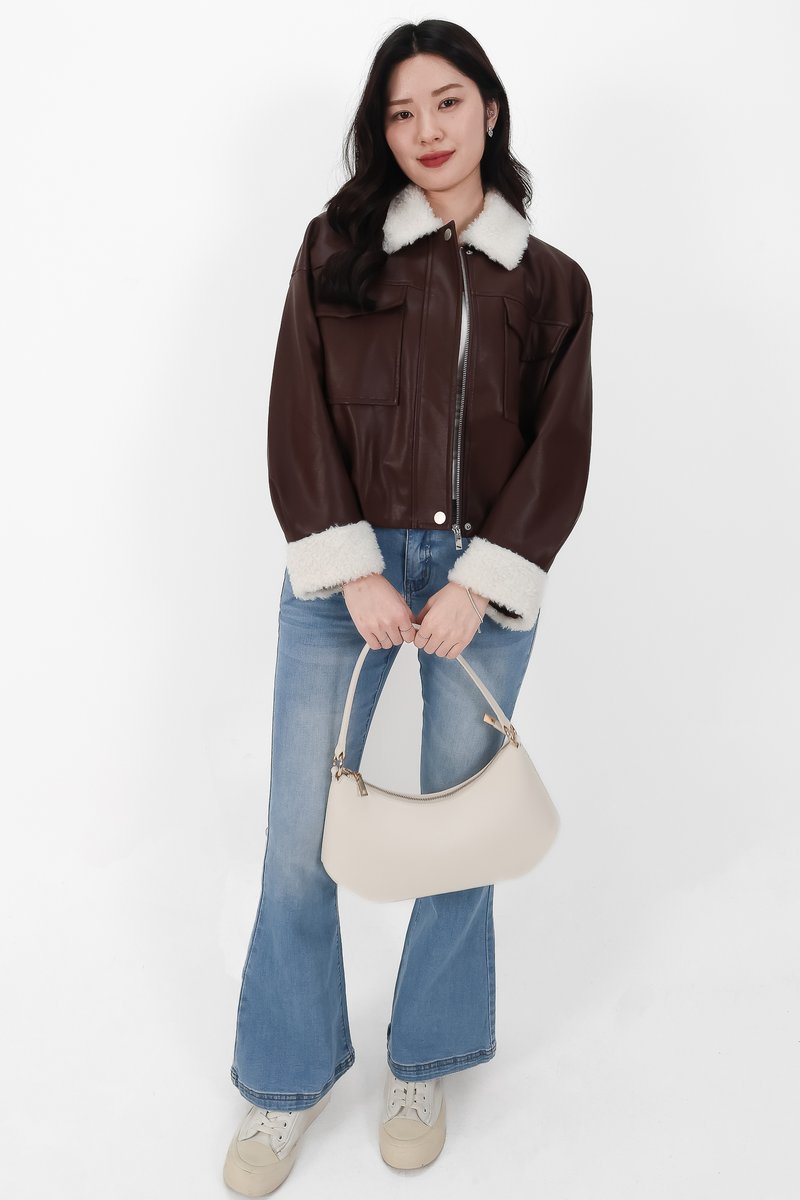BACKORDER | Seira Shearling PU Leather Jacket in Dark Brown