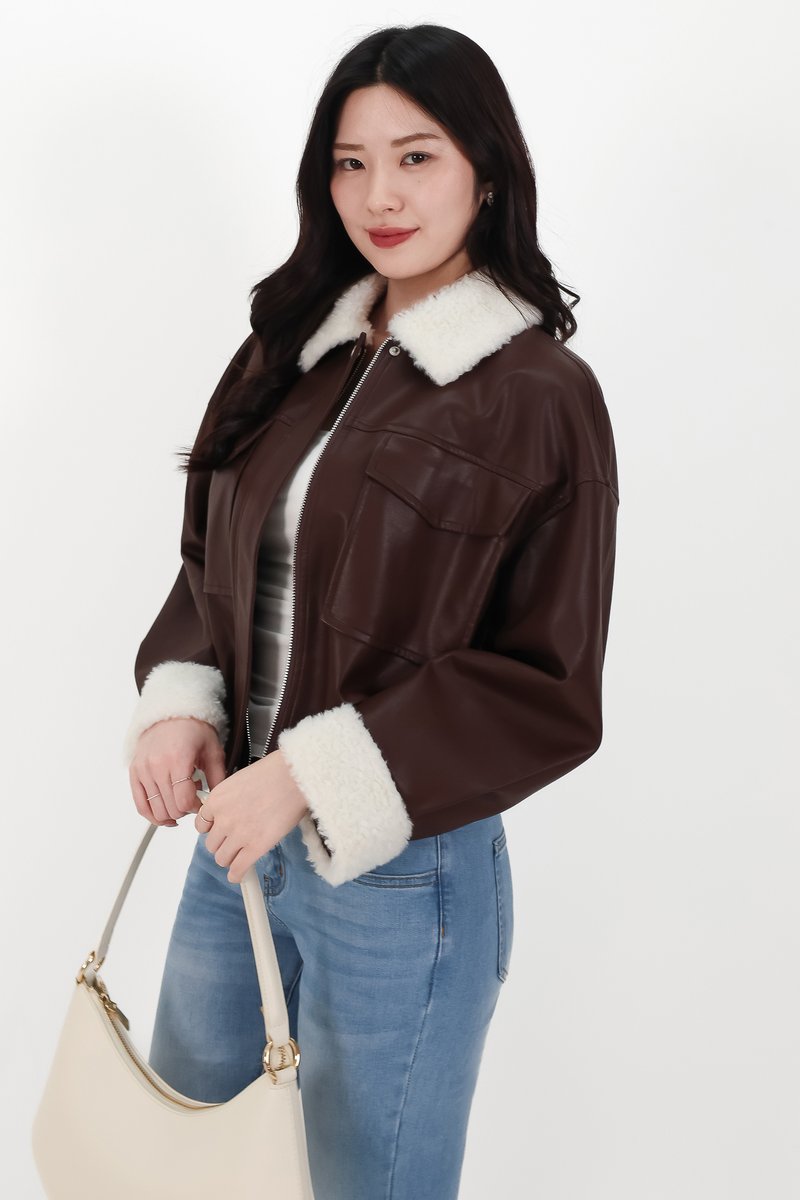 BACKORDER | Seira Shearling PU Leather Jacket in Dark Brown