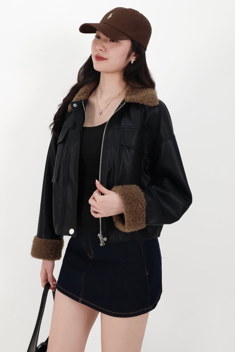 BACKORDER | Seira Shearling PU Leather Jacket in Black