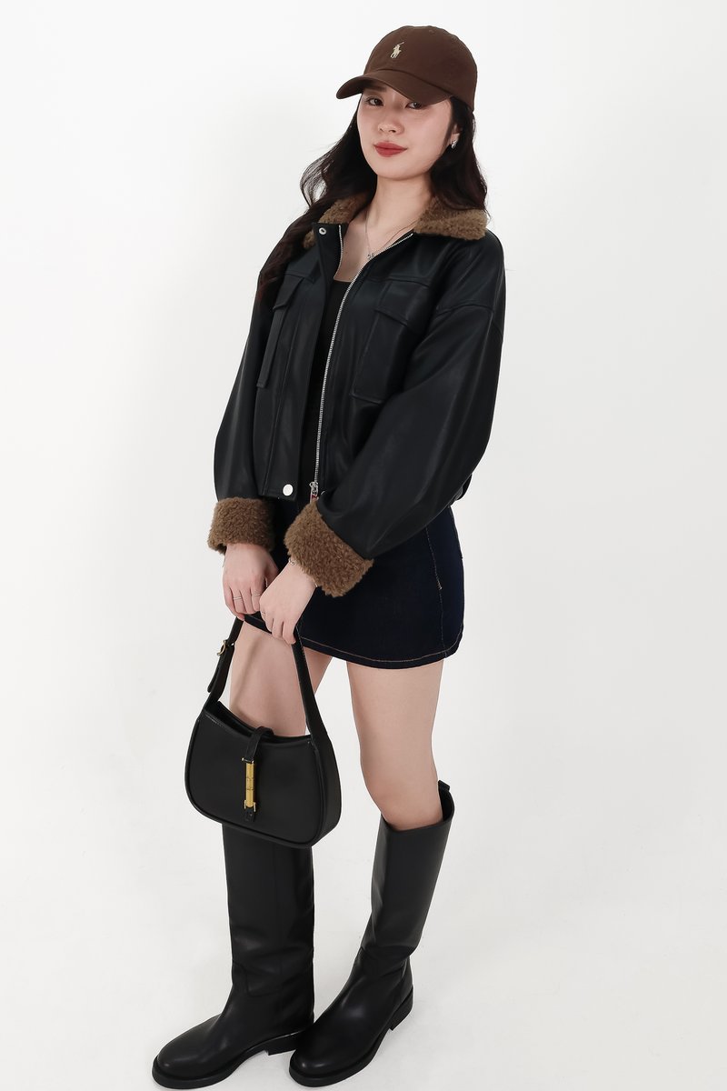 BACKORDER | Seira Shearling PU Leather Jacket in Black