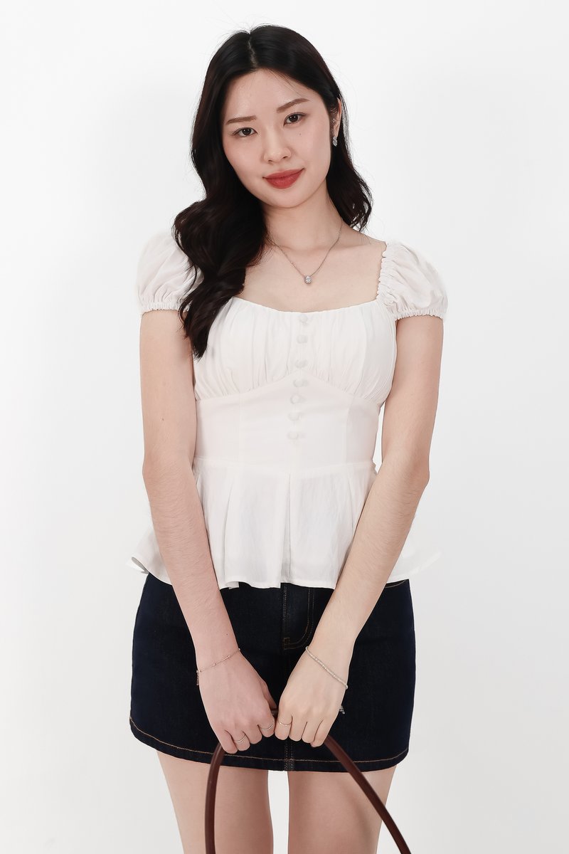 Pyonie Puffy Sleeve Peplum Top in White