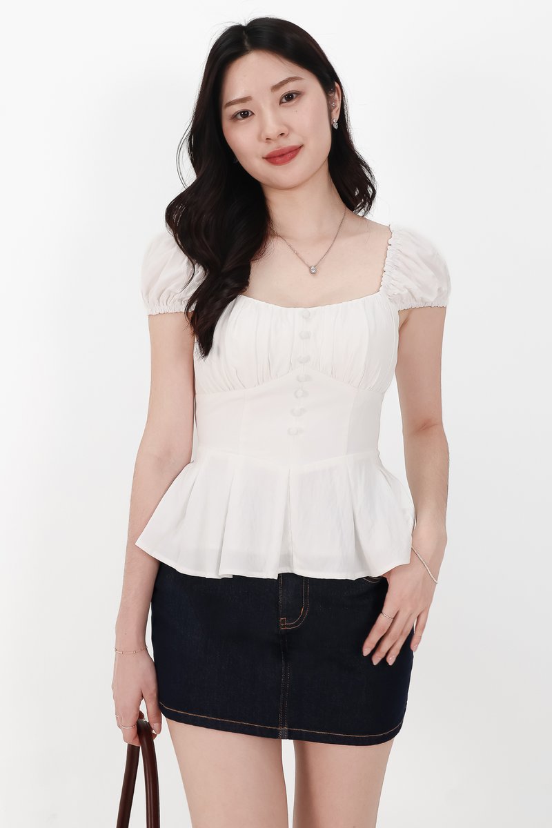 Pyonie Puffy Sleeve Peplum Top in White