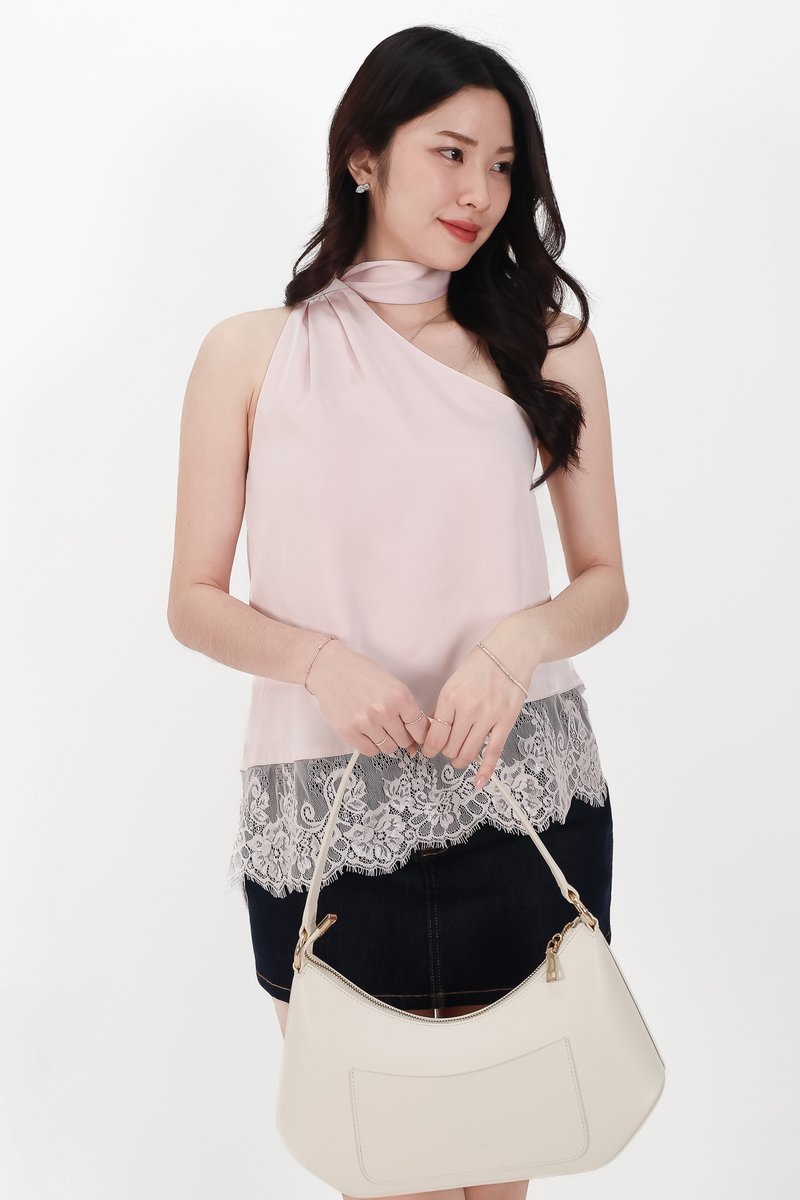 Arabelle Asymmetrical Lace Trim Top in Light Pink