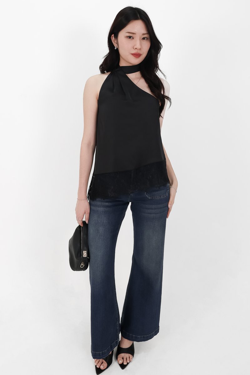 Arabelle Asymmetrical Lace Trim Top in Black