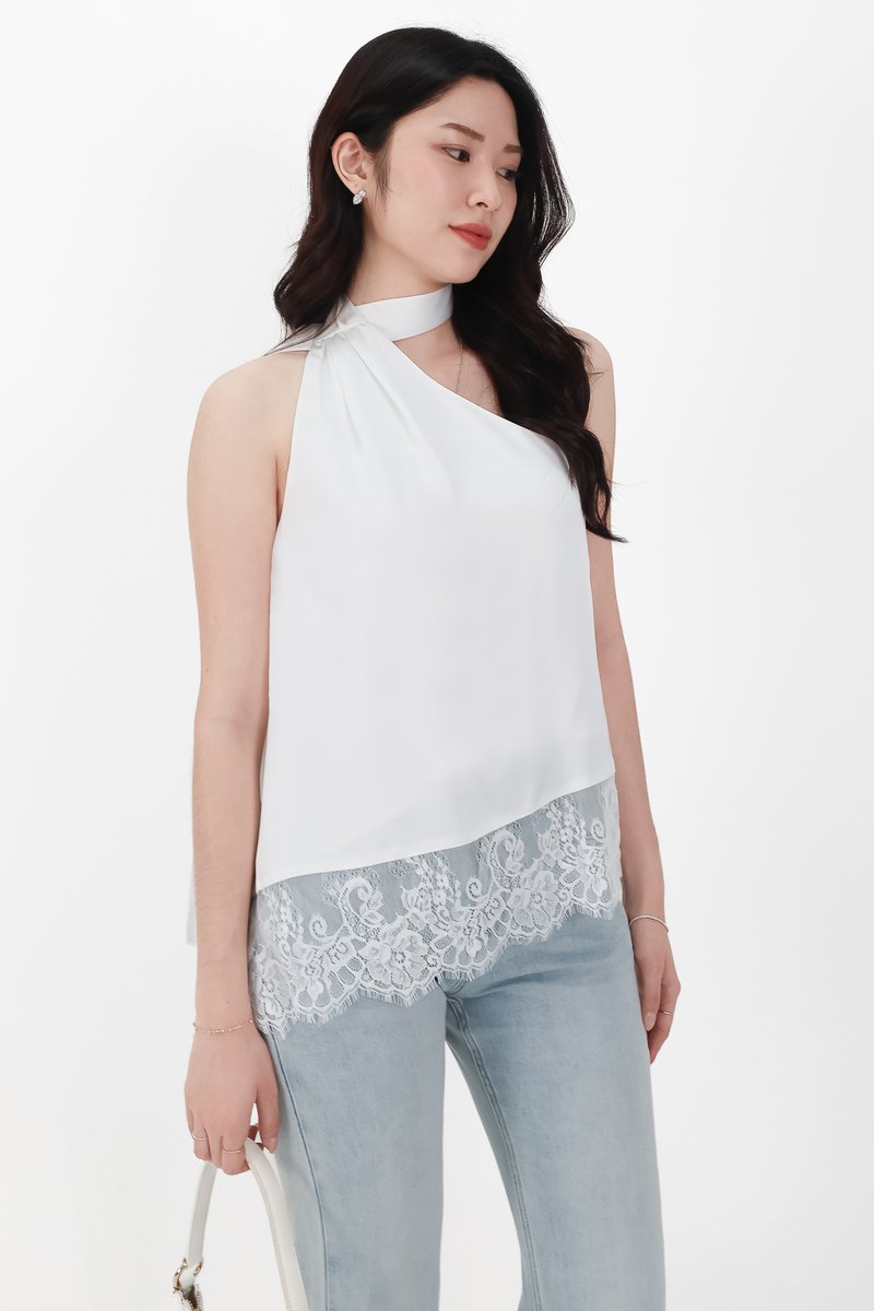 Arabelle Asymmetrical Lace Trim Top in White