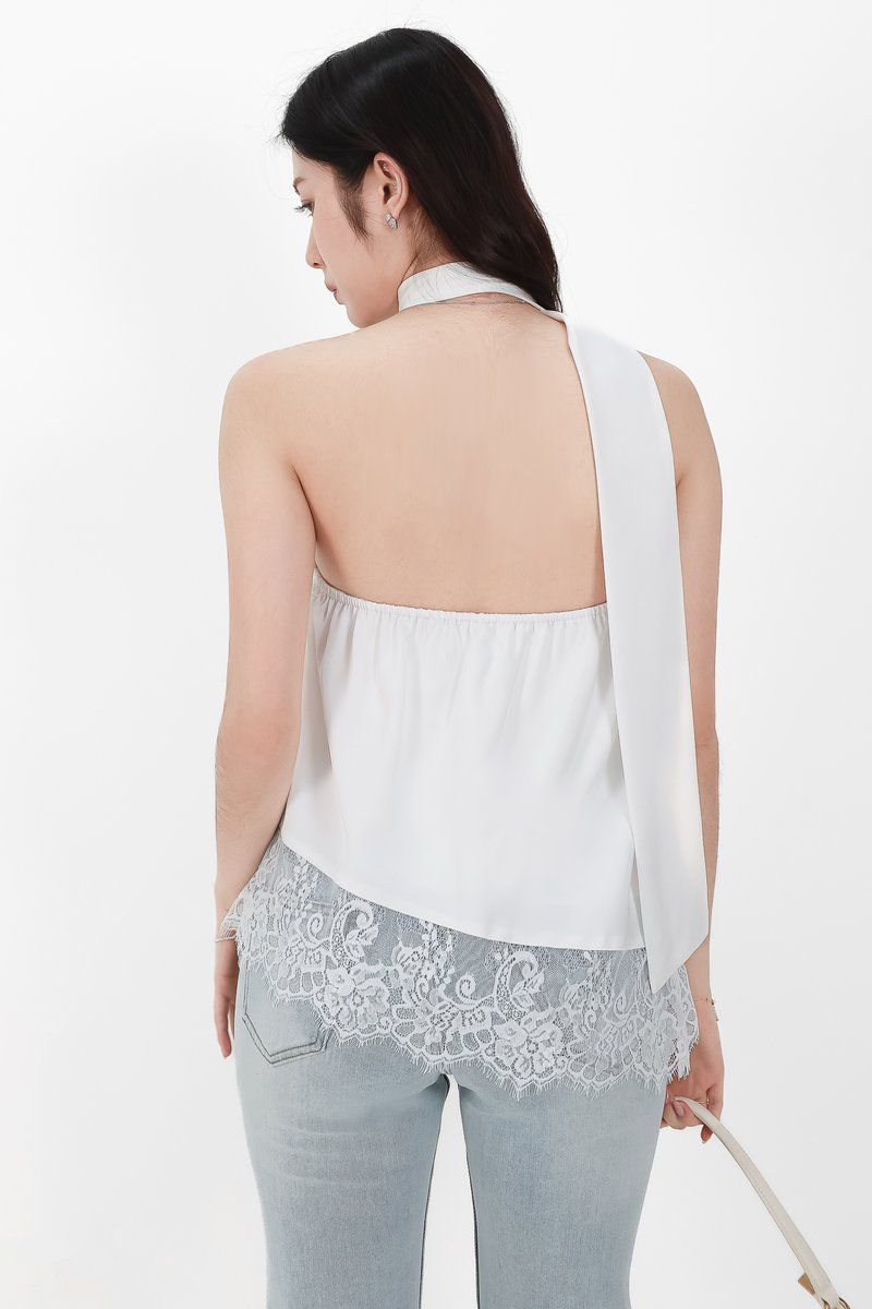 Arabelle Asymmetrical Lace Trim Top in White