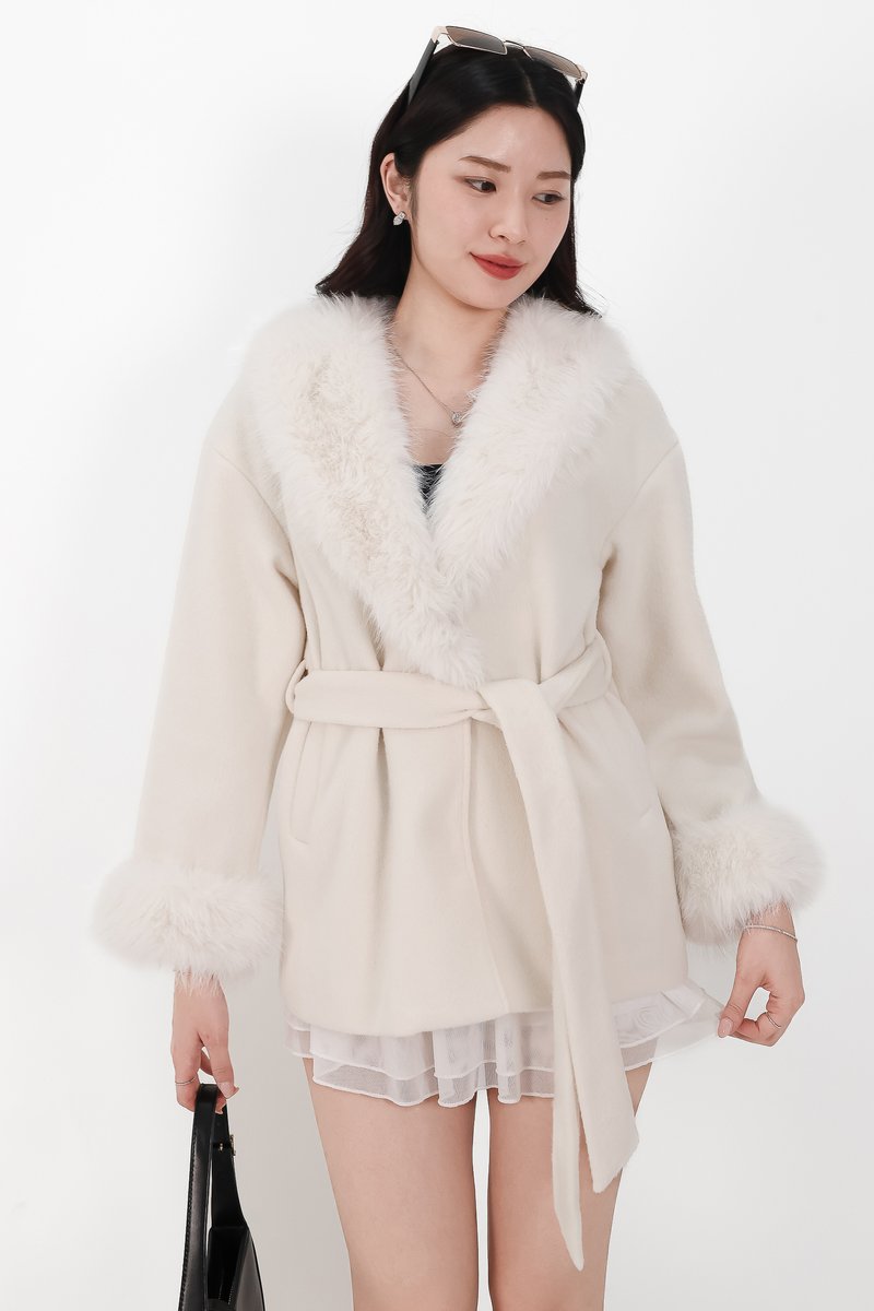Fenella Faux Fur Coat in Cream White