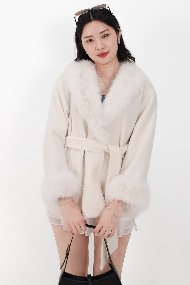 Fenella Faux Fur Coat in Cream White