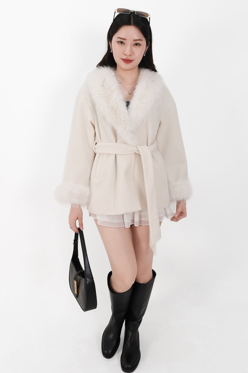 Fenella Faux Fur Coat in Cream White