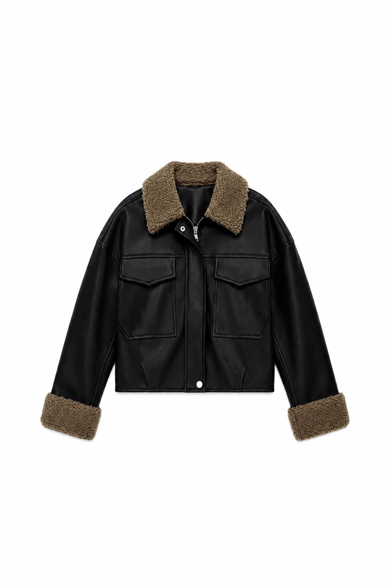 Seira Shearling PU Leather Jacket in Black