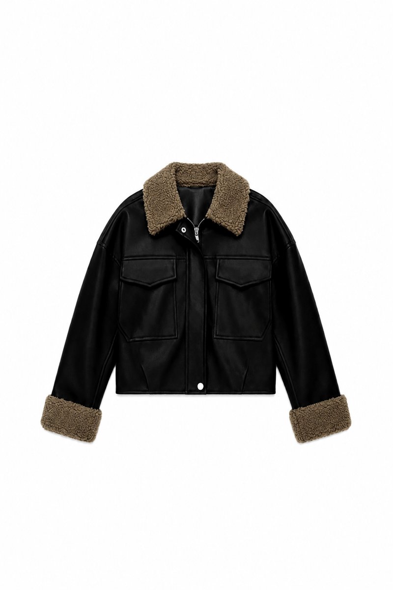 BACKORDER | Seira Shearling PU Leather Jacket in Black