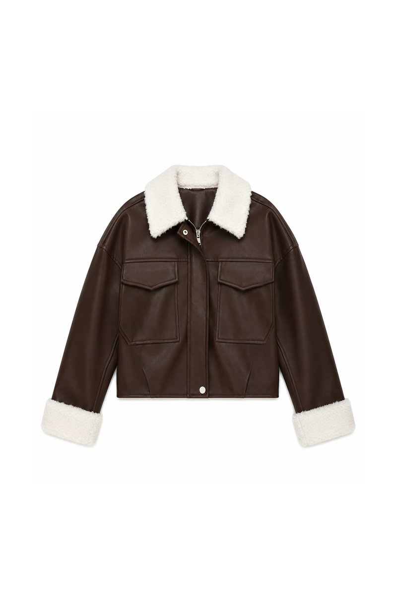 Seira Shearling PU Leather Jacket in Dark Brown
