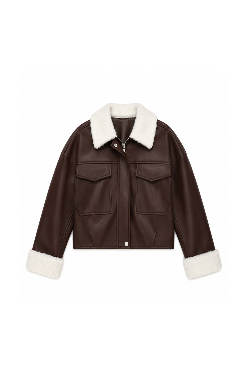 BACKORDER | Seira Shearling PU Leather Jacket in Dark Brown