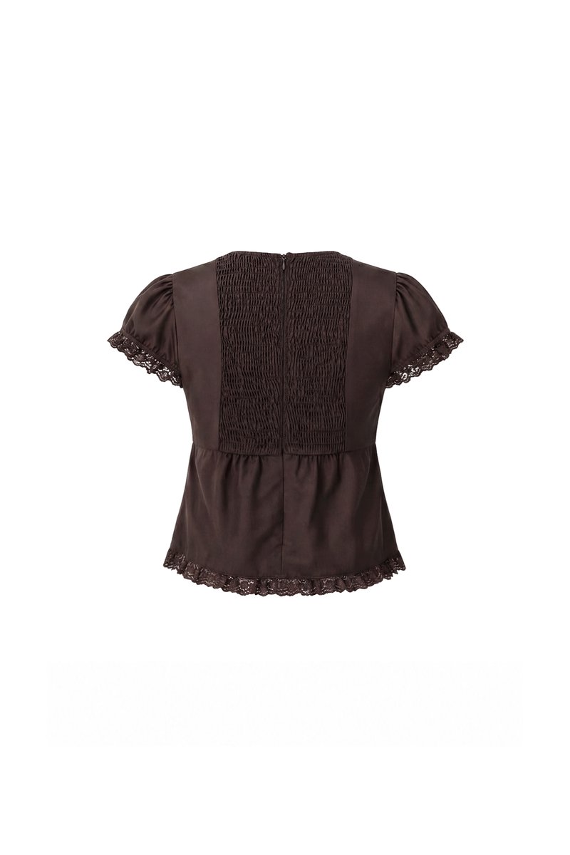 PREORDER | Sandra Sleeved Lace Trim Blouse in Dark Brown